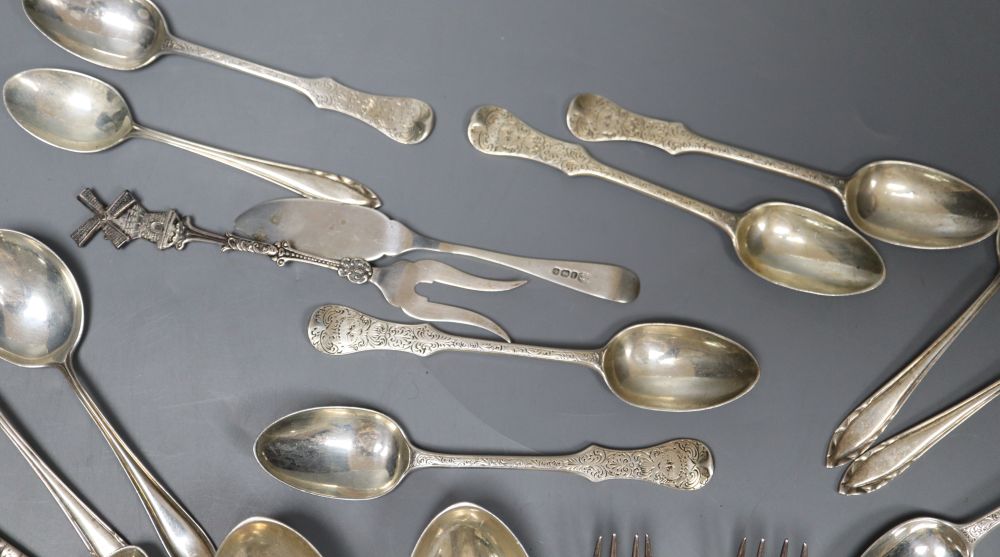 A group of assorted mainly 19th century silver flatware, including a set of six teaspoons by George Adams, London, 1877, 160z.